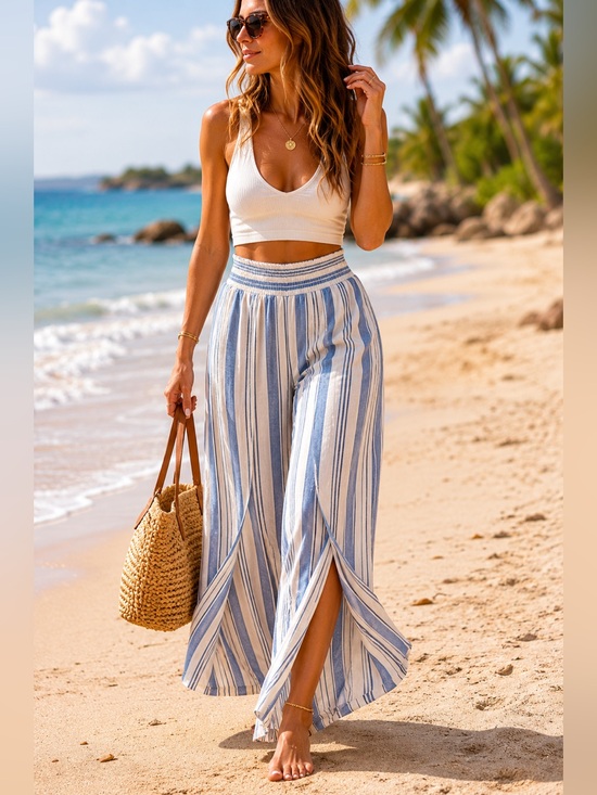 Land N Sea Pants - Land N Sea Linen Blend Split Front Wide Leg Pants Medium Blue White
